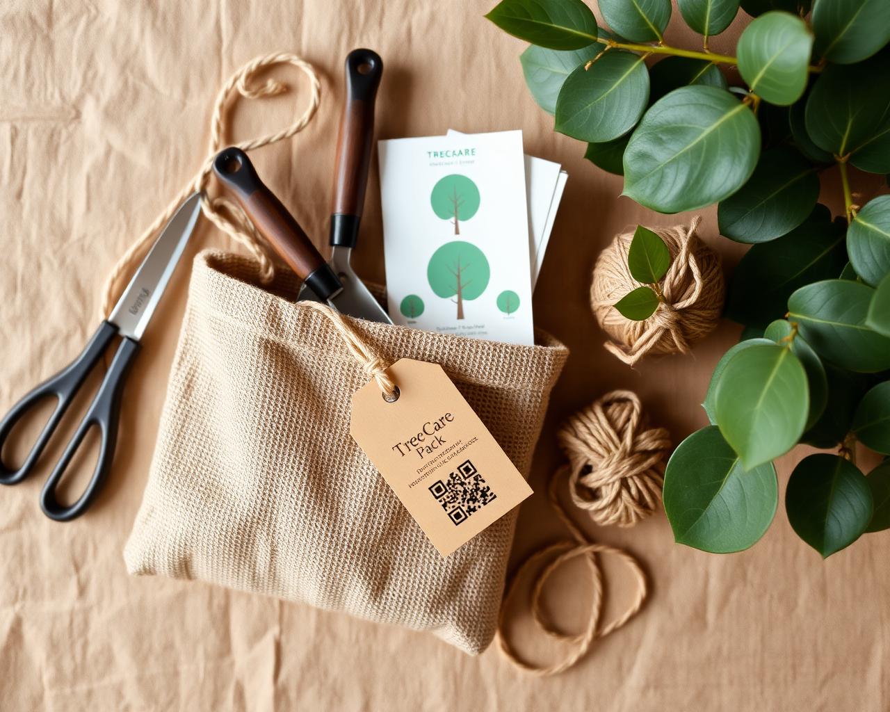 TreeCare Pack with jute bag, tools, and QR tag
